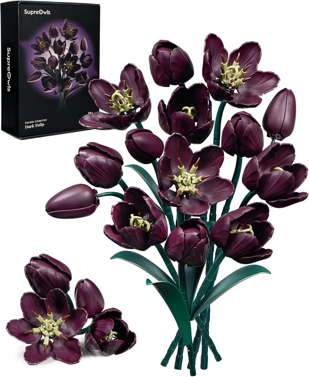 SnelShoppen - Donkerpaarse Tulpenbloemen Bouwset - Kunstplanten Boeket - Botanische Collectie Bouwkit - Decoratie voor Thuis - Blokken Speelgoed voor