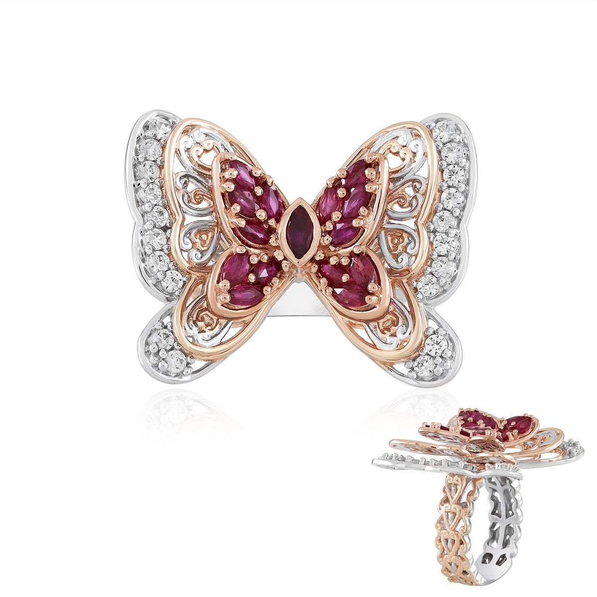 Cavill - Zilveren Verstelbare Ring met Birmese Robijn 2,403 ct - 925 Sterling Zilver Palladium - Marquise Robijn Ring Myanmar - Vlinder Design