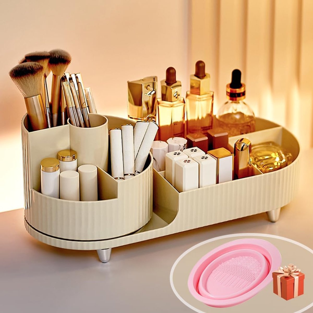 SnelShoppen - Makeup Organiser 360° Rotatie, 2-in-1 Cosmetica Organizer, Skincare Organiser, Beige voor Dressing Table en Badkamer, Perfect voor Make-