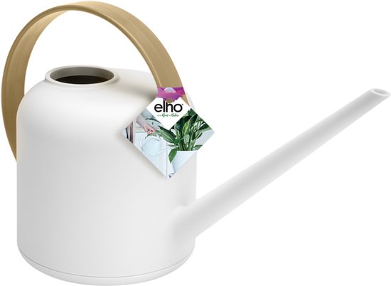 Arrosoir blanc de 1,7 litre avec une poignée incurvée en bois et un long bec. Une étiquette avec le texte 'elho' est accrochée à la poignée.