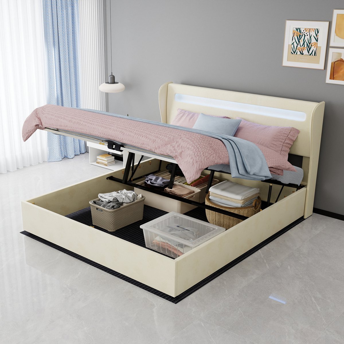 HAUSS SPOLE Gestoffeerd Bed 160x200 cm - Tweepersoonsbed Met LED Hoofdbord En Opbergruimte - Zonder Matras - Stof En Metaal - Beige