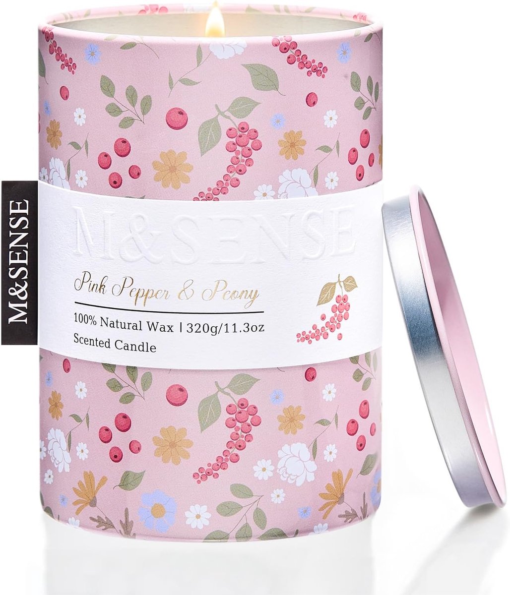 SnelShoppen - Geurkaars Roze Peper & Pioenroos - Organische Sojawas 320g - Aromatherapie voor Feesten & Ontspanning - Toxinevrij, Cadeau voor Vrouwen,