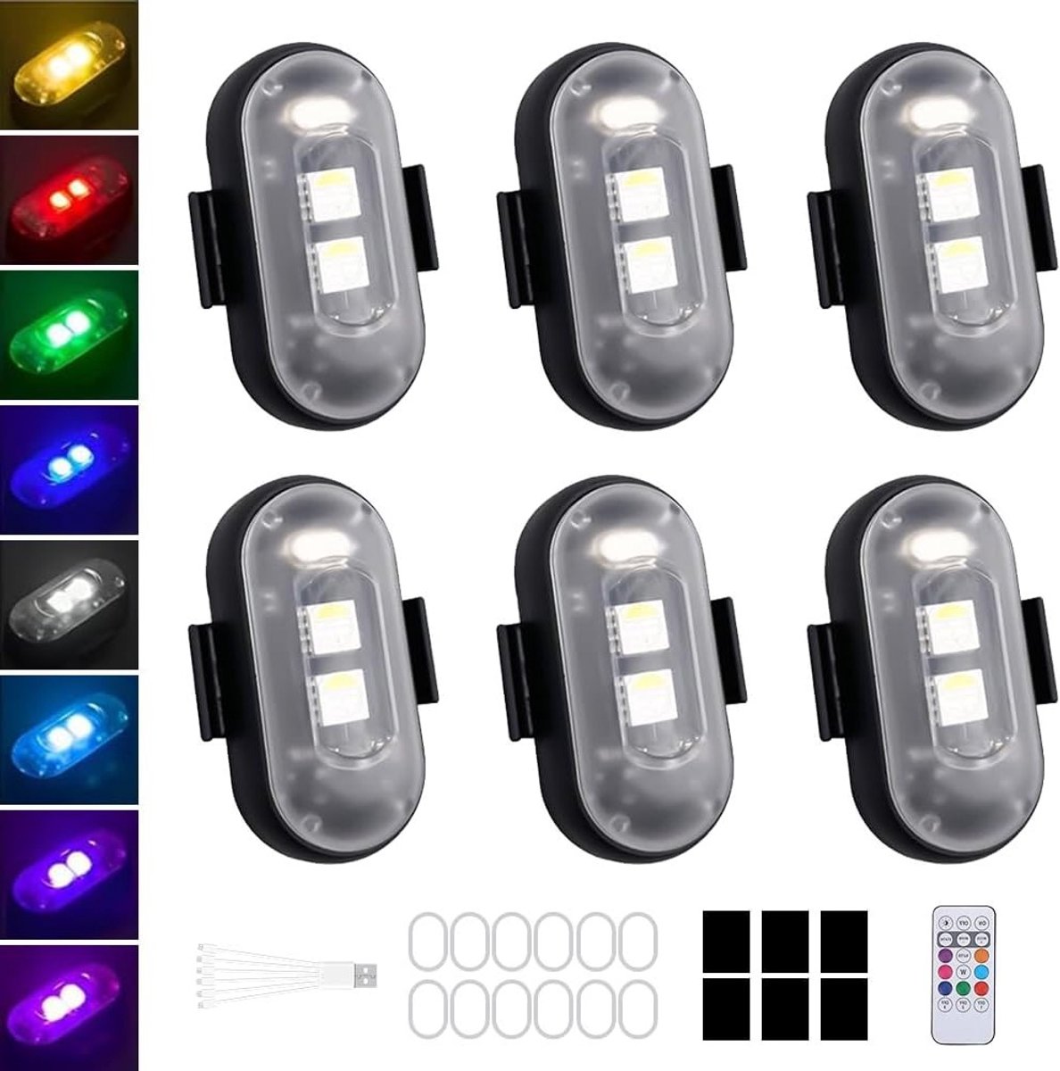 Draadloze LED Verlichting Set van 6 Stuks, Waterdichte Mini LED Lichten met 8 Kleuren, Stroboscoop Lichten voor Drones en Motoren met Afstandsbediening en USB Oplaadfunctie