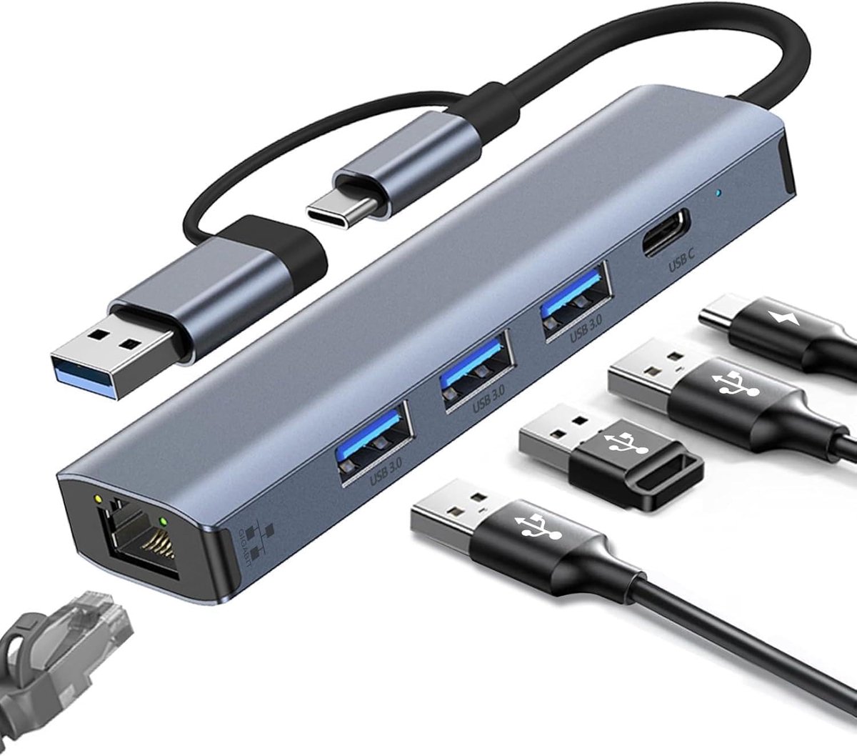 SnelShoppen - USB-C naar Ethernet Adapter, Gigabit RJ45 LAN 1000 Mbit/s Netwerkadapter met 3x USB 3.0 & USB Type-C Poorten voor Windows/MAC/Linux/Chro