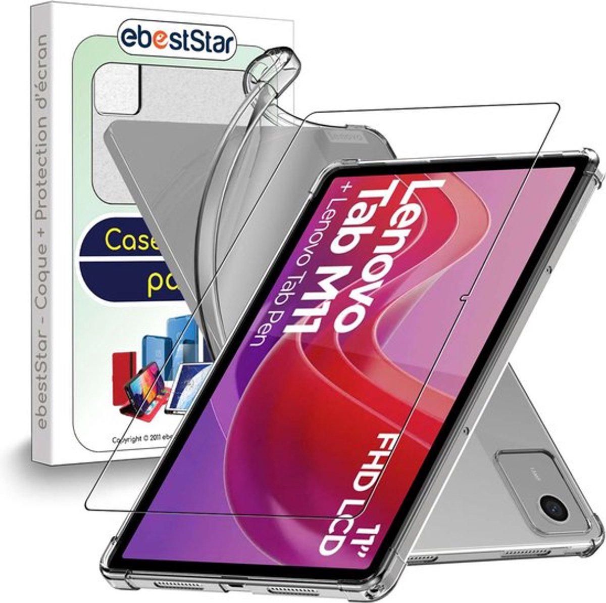 ebestStar - Hoes, Beschermhoes van Transparant, Antislip Siliconen, Versterkte Hoeken, Transparant + Gehard Glas - Geschikt voor Lenovo Tab M11