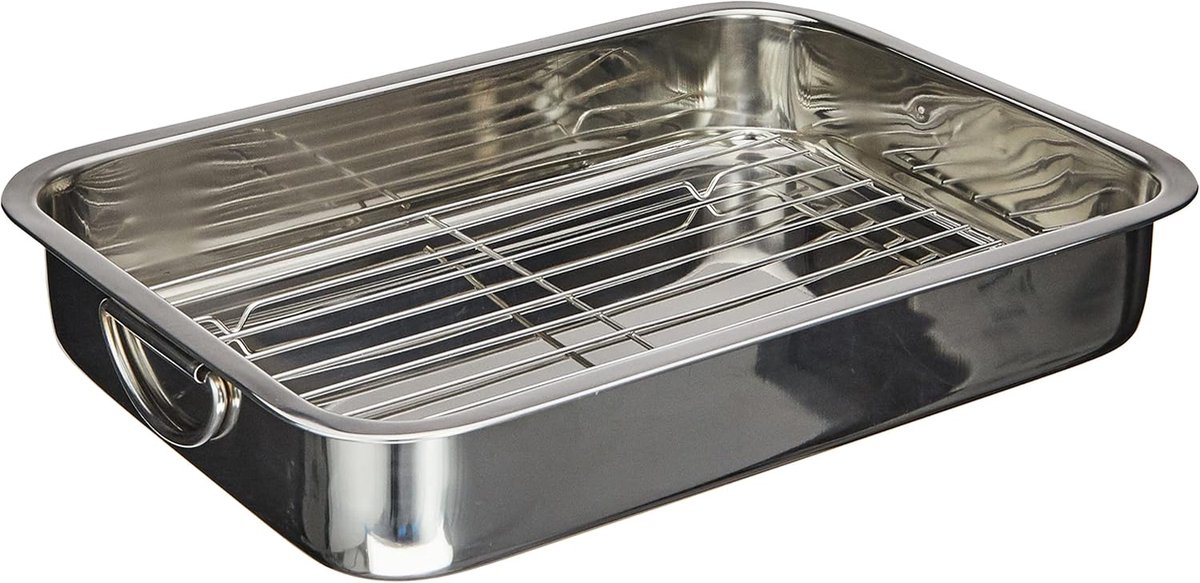 SnelShoppen - RVS Vierkante Pan 40 cm met Grill Insert - Roestvrij Staal, Ideaal voor Roosteren, Bakken en Gratijnen, Ovenbestendig, Ruimtebesparend,