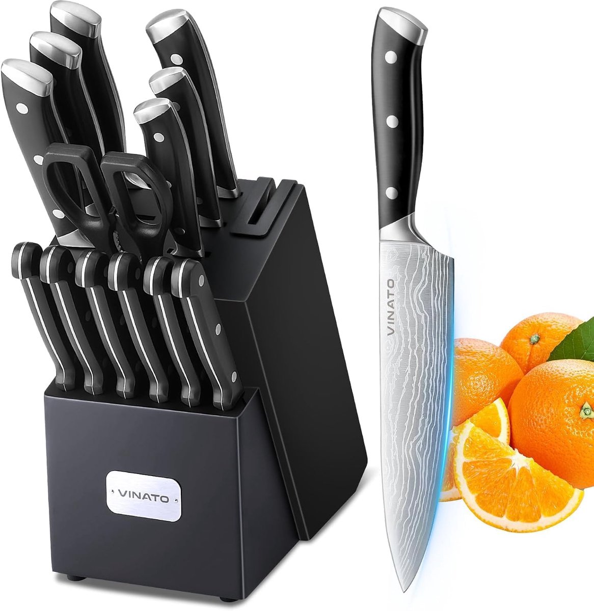 SnelShoppen - 14-delige Messenset met Slijper - Professionele Koksmes Set van Roestvrij Staal - Keuken Messenblok met Houten Houder - Scherpe Koks-, B