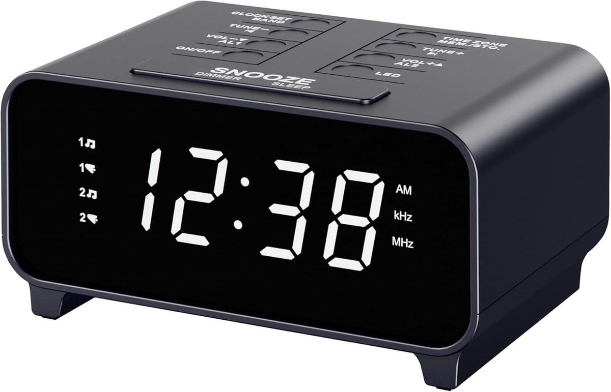 SnelShoppen - Wekkerradio met AM/FM-radio, dubbele wekkers, sluimerfunctie, digitale klok, nachtlampje, volumeregeling, slaaptimer, 12/24 uur, ideaal