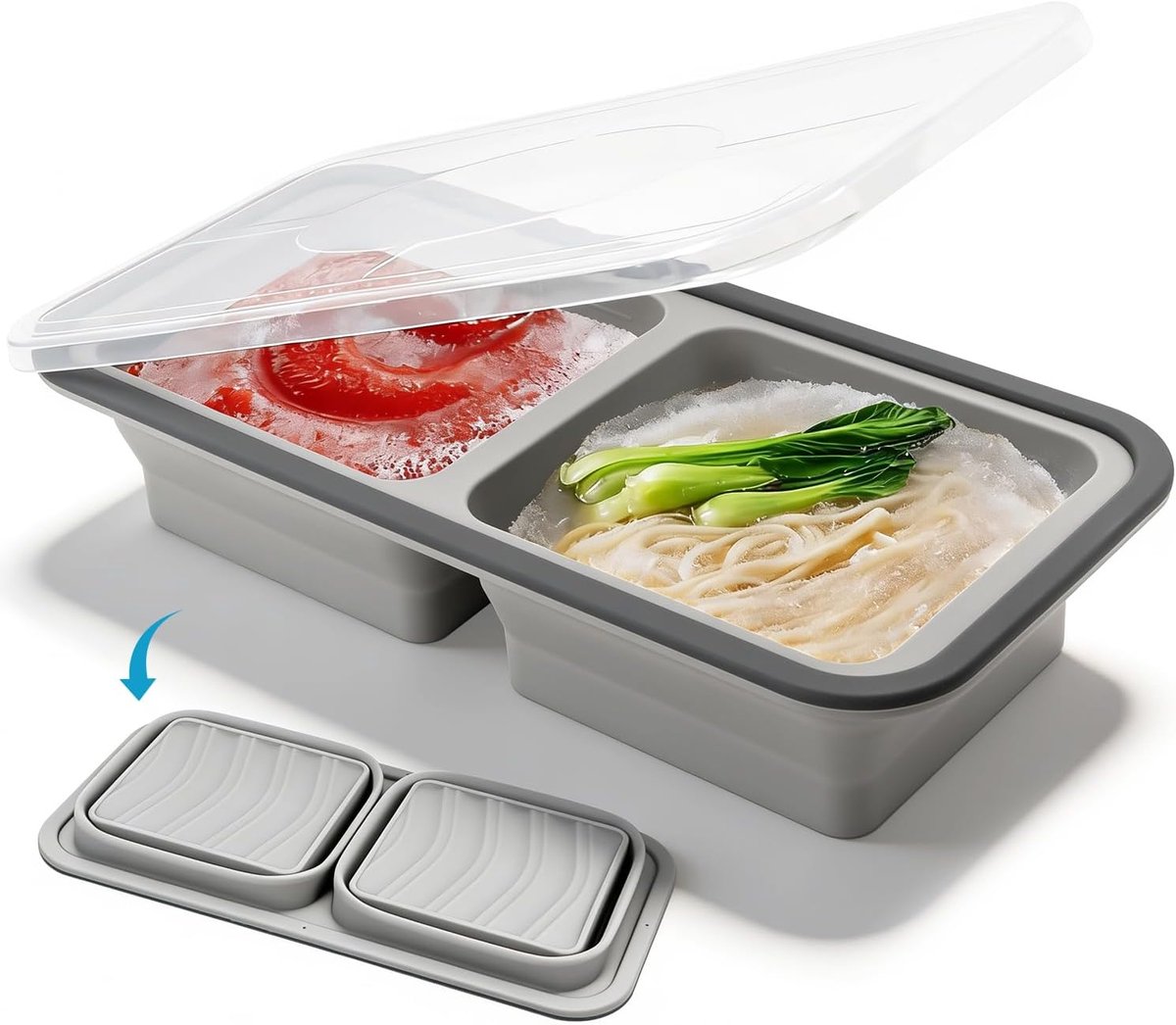 SnelShoppen - Silicone Freezer Container met Deksel, Vouwbare IJsblokjes Tray, 1000 ml, Perfect voor Soepen en Sauzen, 2 Compartimenten, Grijs, Keuken