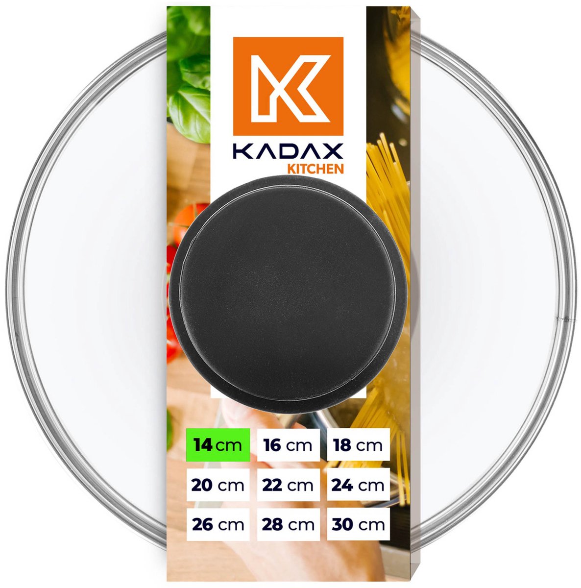 KADAX glazen deksel met siliconen handgreep, hittebestendig deksel voor potten, deksel met stoomgat, universeel deksel in verschillende maten, rond (14 cm, zwart)