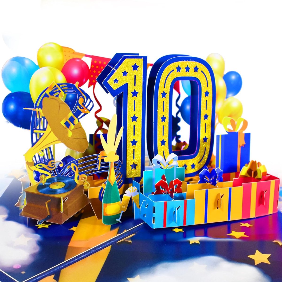 SnelShoppen - 3D Verjaardagskaart voor 10 Jaar, Pop-up Kaart met Envelop, Happy Birthday Kaart voor Meisjes en Jongens, Feestelijke Verjaardagskaart v