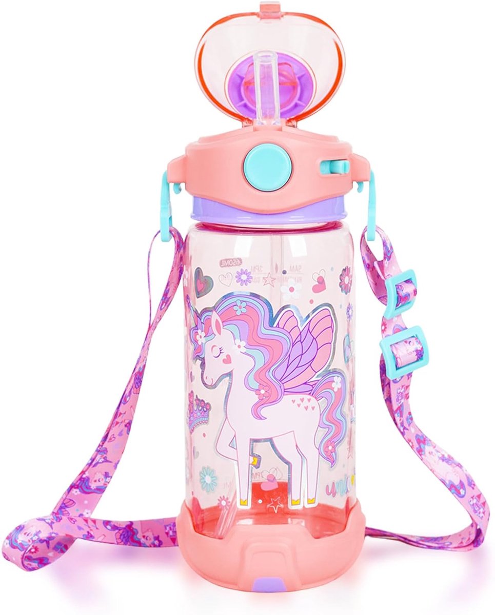 SnelShoppen - PinkSheep Drinkfles voor Kinderen met Rietje en Koord, 650 ml, BPA-vrij, Lekvrij, Vergrendeling, Flipdeksel voor School, Sport en Reizen