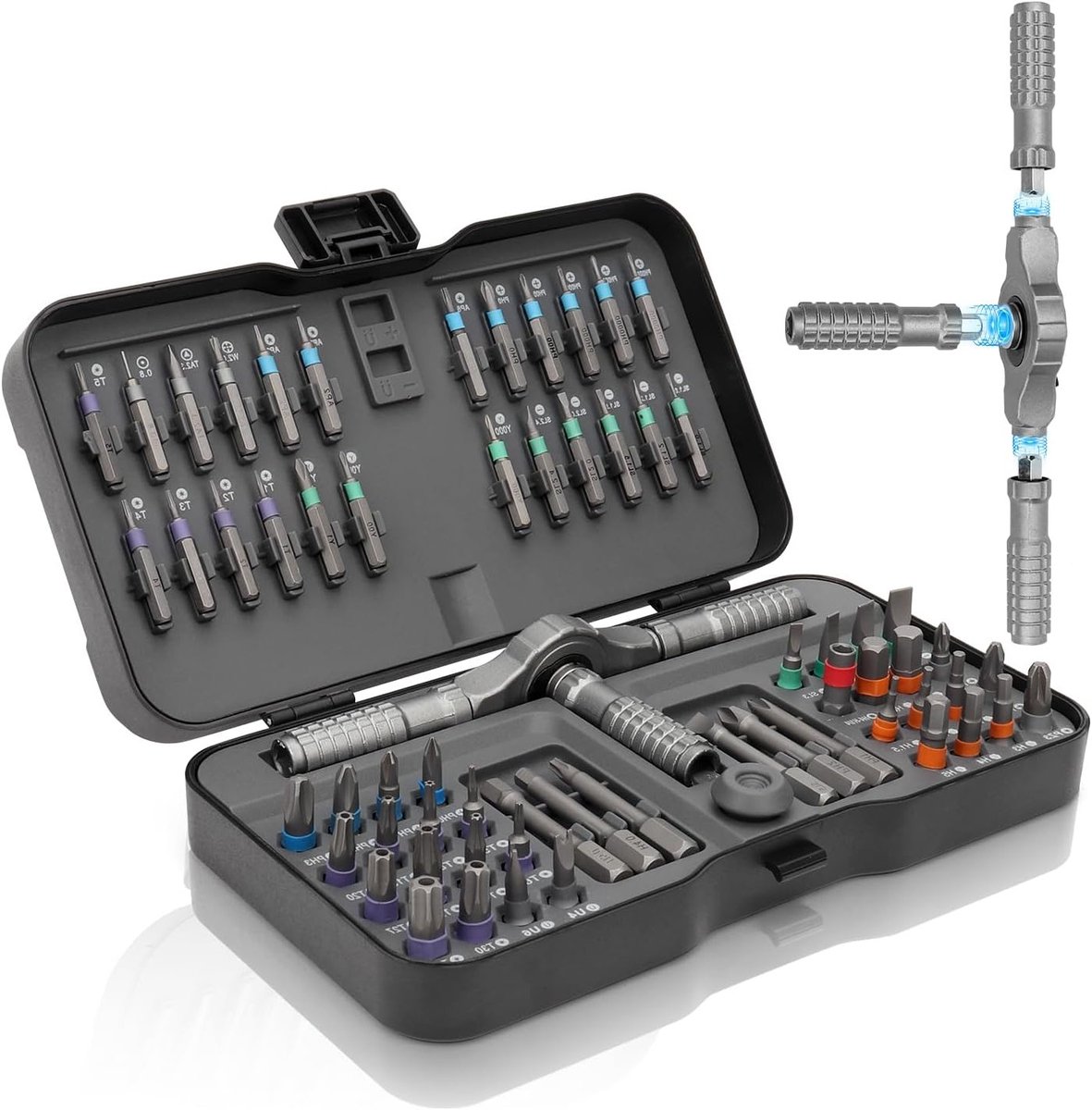 Complete ratelschroevendraaierset met 66-in-1 bits, magnetisch en afneembare T-handgreep, ideaal voor precisiewerk, meubels en fietsen
