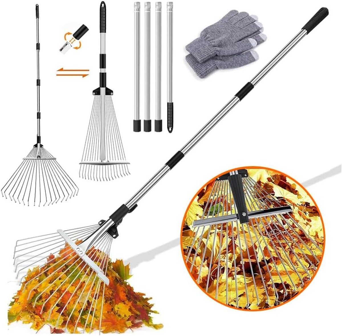 Verstelbare Hark voor Bladeren 22-44 cm met 2,15 m Metaalstang en Tuinhandschoenen, Ideaal voor Tuinonderhoud en Bladverzameling in de Tuin en Op het Gazon
