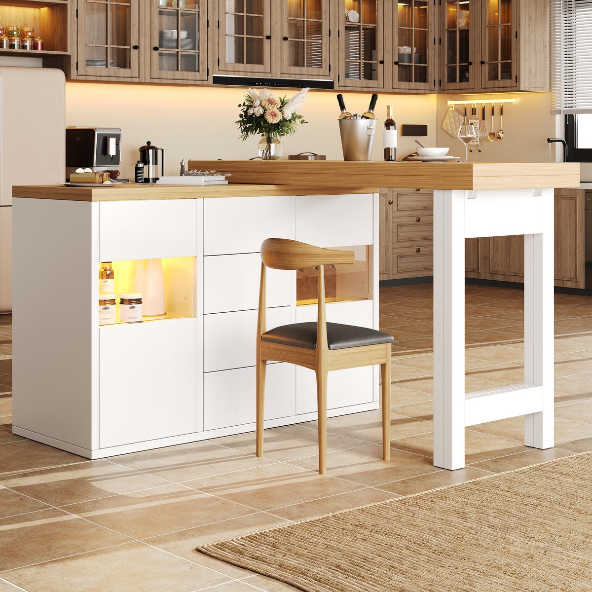 STILVORA Keukenkast - 360 Graden Draaibaar Met RGB Ledverlichting En 4 Laden - Voor Keuken En Eethoek - MDF - 120-197x40x73,8 Cm - Wit
