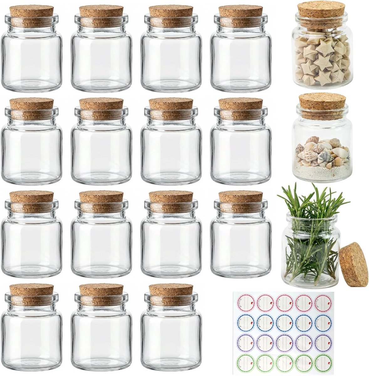 Thijox - Set van 18 mini-glazen flesjes 50 ml met kurk - Lege kruidenpotjes, wensflesjes voor bruiloft, knutselen, feesten, met 20 labelstickers