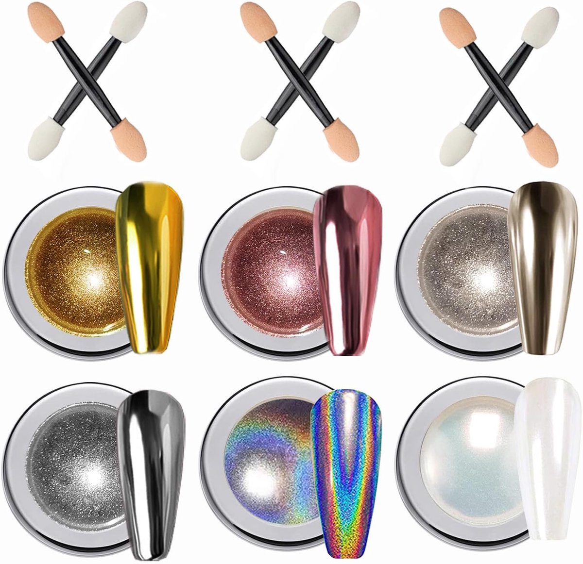 6x Chrome Nail Powder Set - Holo Chrome, Mirror Effect, Pearl Effect - Glazed Donut Nails - Hoogwaardige Nagelpoeder voor Feest, Nail Ar