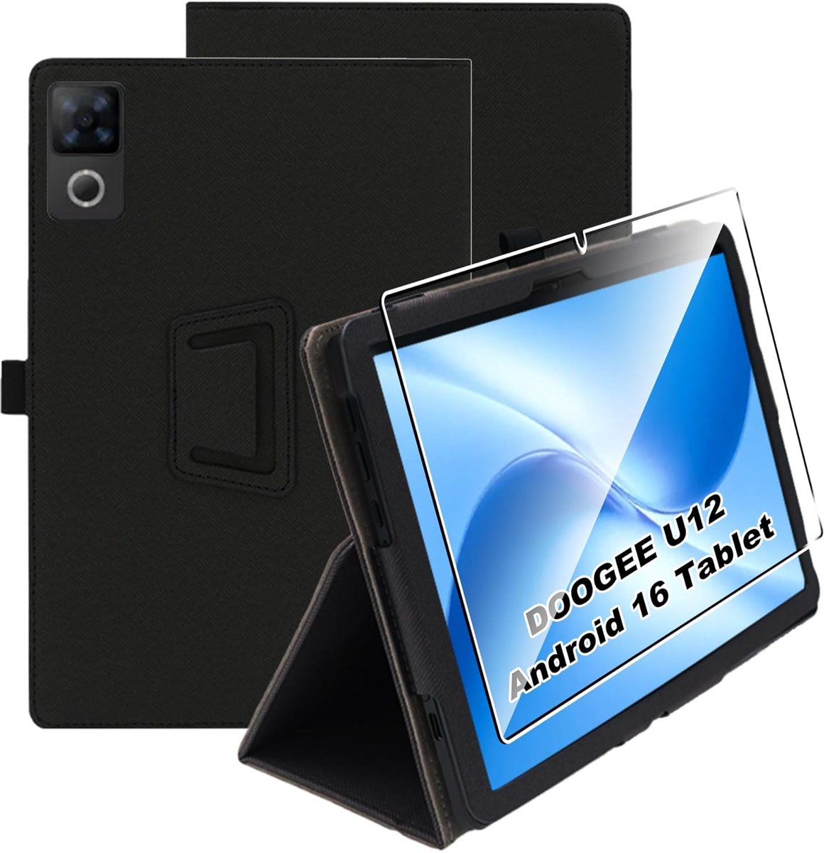 SnelShoppen - Doogee U12 Tablet Hoesje - 12 Inch Android 16 - PU Leer - Ultra Dun - Automatische Slaapfunctie - Inclusief Tempered Glass - Zwart