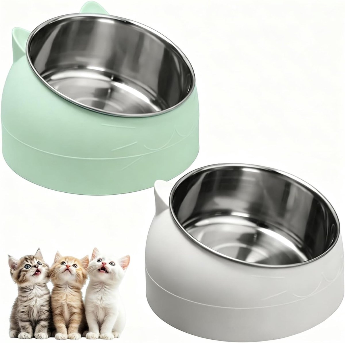 Verhoogde kattenbak set van 2 stuks - Roestvrij staal, 15° gekanteld, ergonomische voerbakken voor katten, 400 ml, ter bescherming van de nek en wervelkolom