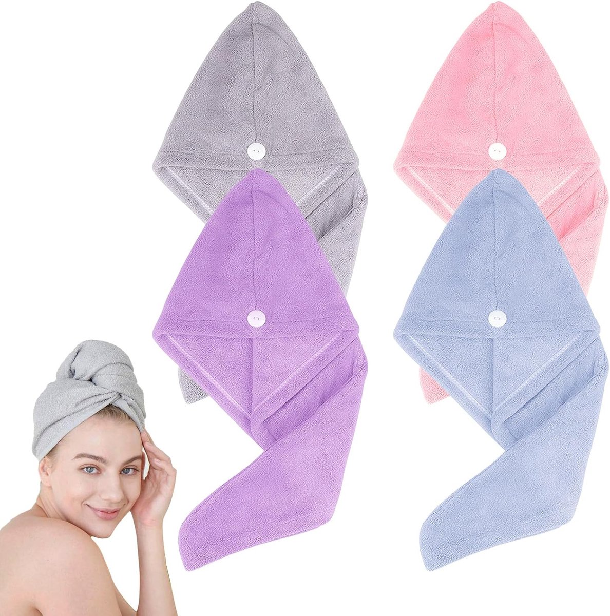 SnelShoppen - 4 Stuks Haar Turban Set, Microfibre Handdoek, Sneldrogend & Super Absorberend, Turban Met Knop, Voor Alle Haartypes, Roze, Grijs, Lichtb