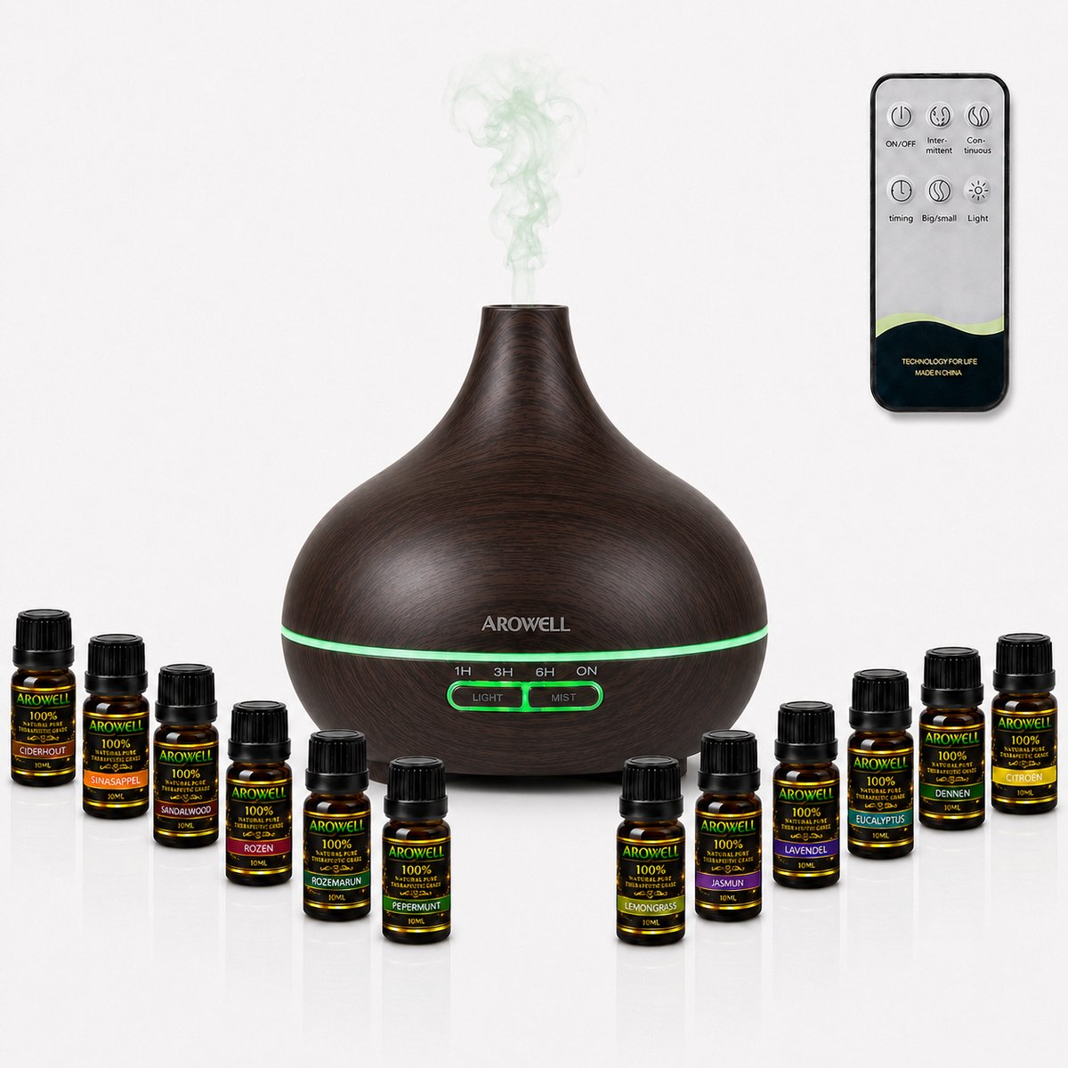Arowell – Aroma Diffuser 500 ml met 12 × 10 ml 100% Natuurlijke Etherische Oliën – Afstandsbediening, Timer & 7 LED Kleuren – Luxe Geschenkset