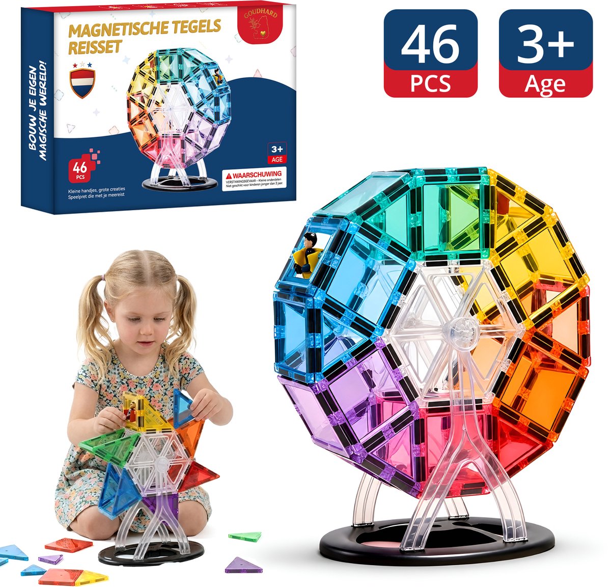 GOUDHARD® Magnetic Tiles - Magna Tiles Travel Set - Reuzenrad - 46 stuks - Magnetisch Speelgoed - Constructiespeelgoed - Educatief & Montessori - Magnetische Tegels - Bouwstenen - Mini - Inclusief Opbergdoos