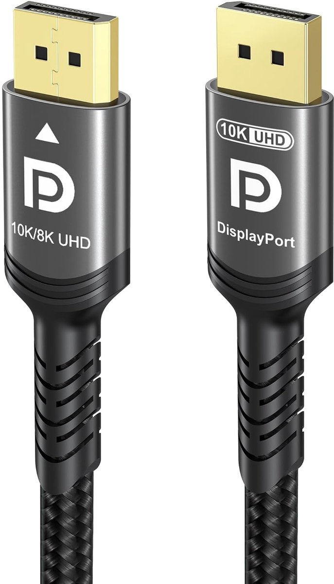 SnelShoppen - DisplayPort 2.1 Kabel 10K 8K 4K 54Gbps 2M, UHBR HDCP2.3, Braided Nylon, Gaming Monitor, PC, Projector, 240Hz 120Hz, FreeSync G-Sync