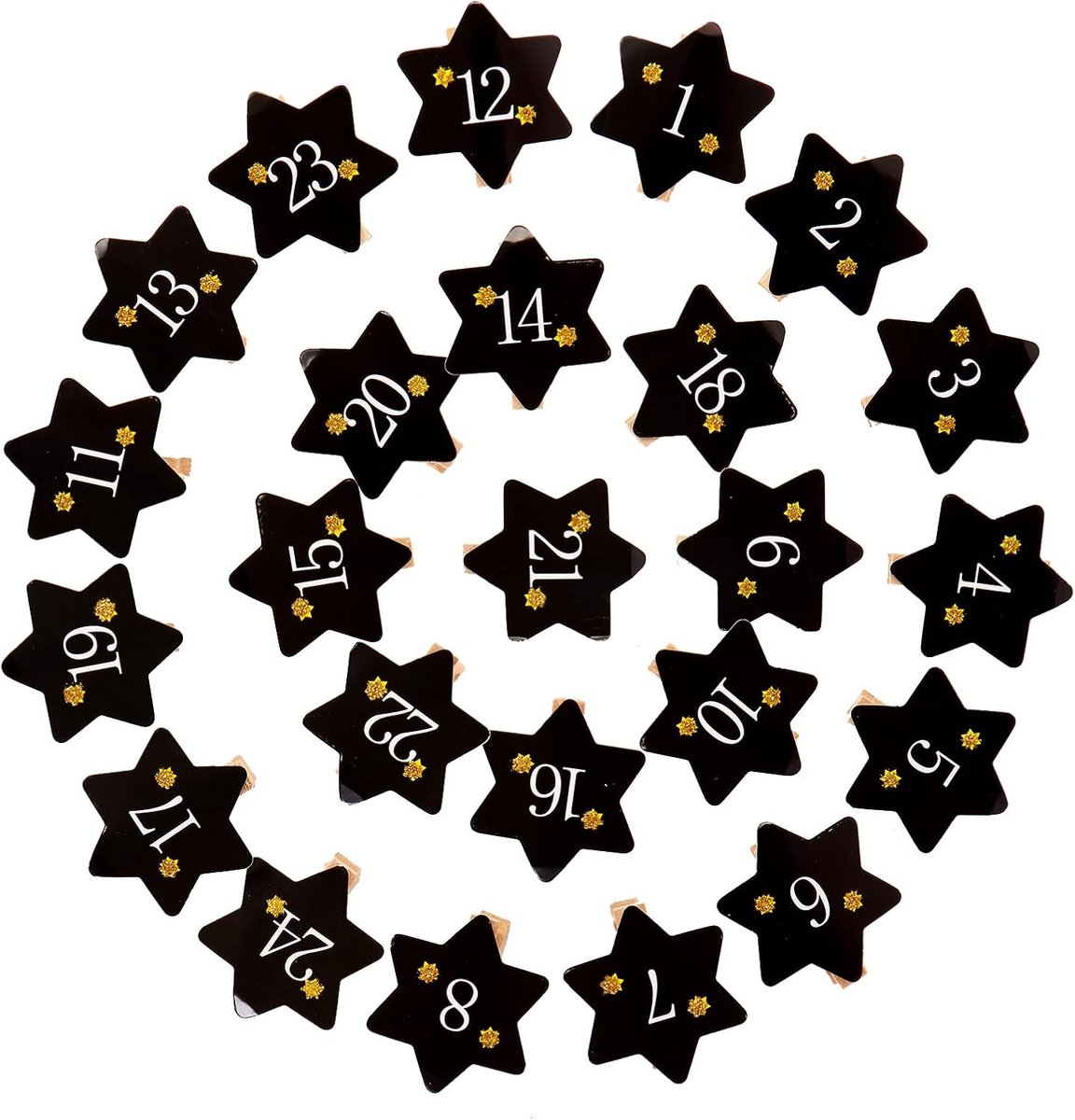 SnelShoppen - 24 houten nummerclips voor adventskalender, feestdecoratie, DIY garland, zwart-goud, houten klemmen, 3.5 cm, verjaardag, kinderen, creat