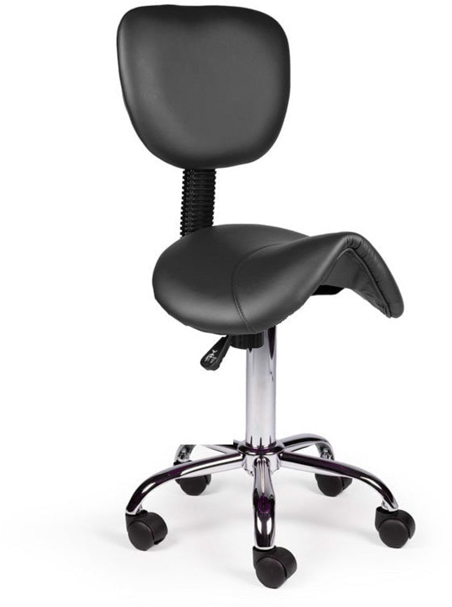 Ergonomische Zadelkruk Zwart met Rugleuning – Verstelbare Zadelstoel met Wielen – Comfortabele Werkkruk voor Salon, Kappers & Thuis - Zithoogte 40-56cm