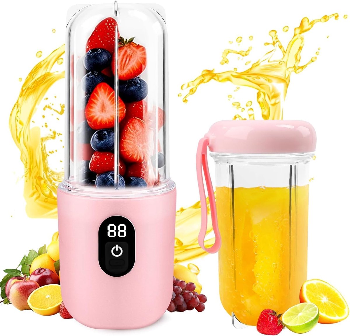 SnelShoppen - Draagbare Elektrische Citrus Juicer met Digitaal Display, 1500 mAh Accu, Draadloos Gebruik, 16 Bladen RVS Snijkop, Hoge Snelheid voor Au