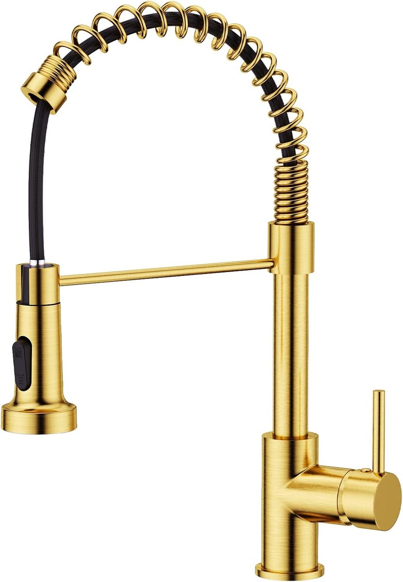 SnelShoppen - Keuken Mengkraan met Handdouche, 360° Rotatable, 2 Waterjet Types, Hoge Druk, Brushed Gold, Hoog Arc Design voor Luxe Keuken