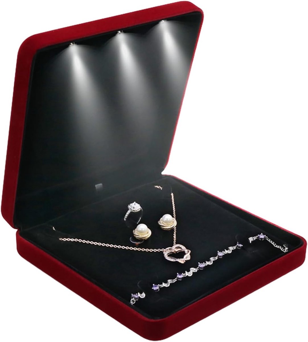 SnelShoppen - Velvet Sieraden Box met LED Licht - Luxe Juwelen Organizer voor Oorbellen, Ringen, Armbanden, Kettingen - Rood, 19x19x4cm - Perfect voor