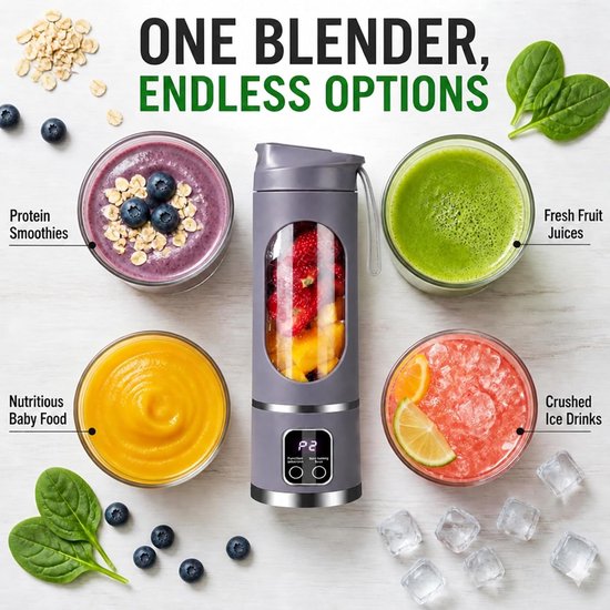 SnelShoppen - Draagbare Blender Smoothie Maker To Go 500 ml met LED-Display, 12 Messen, USB Oplaadbaar, BPA-vrij, Ideaal voor Sport, Reizen, Kantoor e van Snelshoppen — afbeelding 3