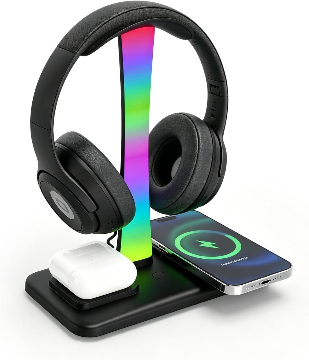 RGB gaming-hoofdtelefoonstandaard met draadloze oplader, USB-poorten en 10 verlichtingseffecten voor optimale headsetopslag