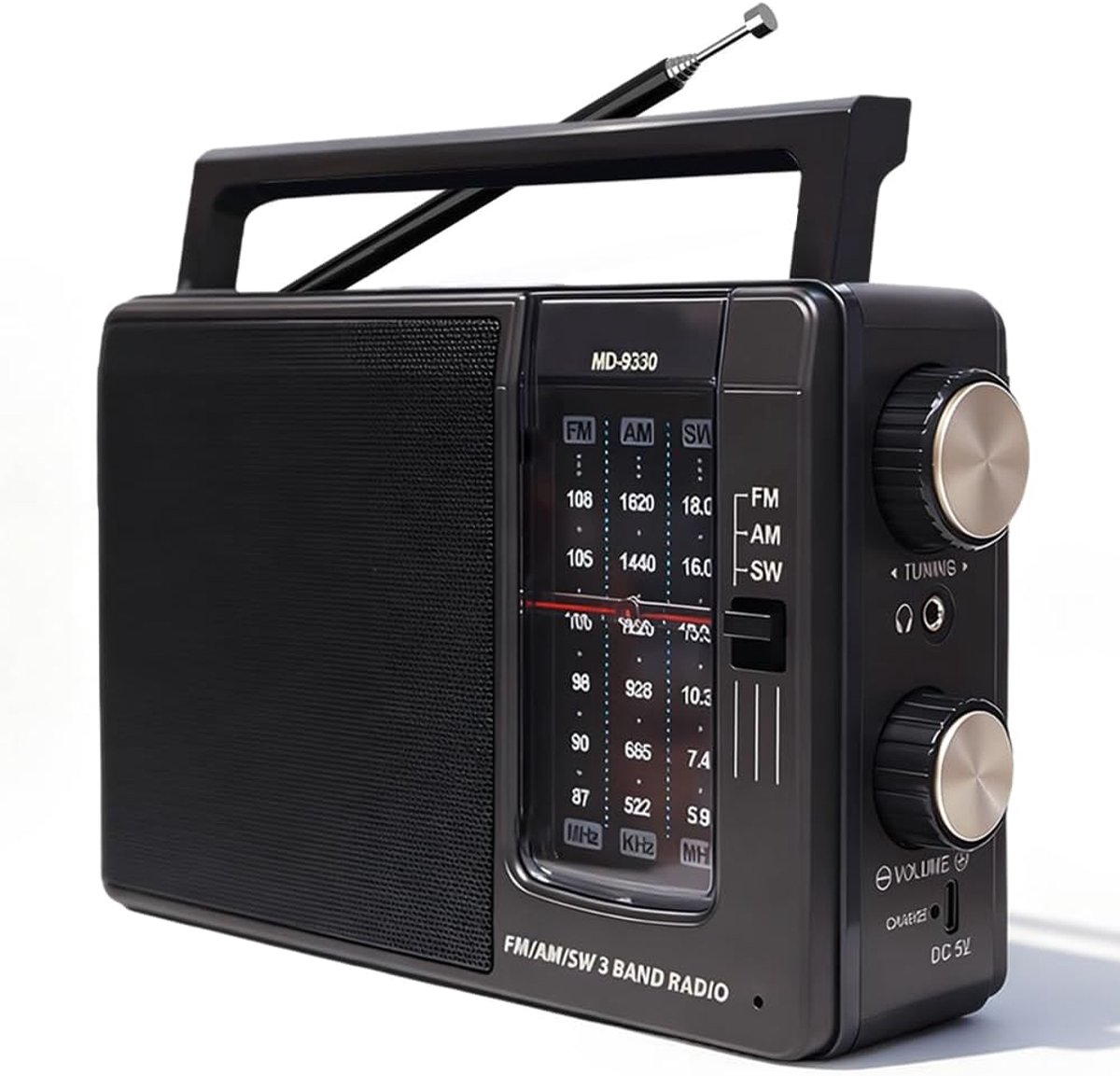 SnelShoppen - Draagbare Radio FM AM, Batterij- en Netvoeding, Senioren Radio, Koffer Radio voor Binnen en Buiten, Kleine Radio met Speaker, Zwart