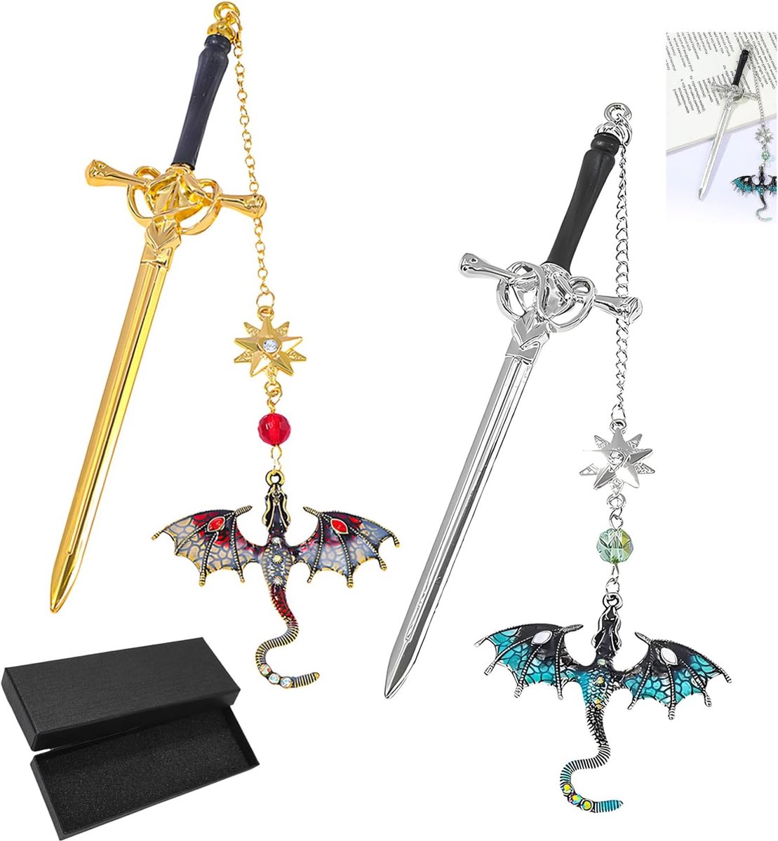 SnelShoppen - 2 metalen bladwijzers zwaard draak, antiek vintage stijl, unieke leesaccessoires voor boekenliefhebbers, grappig cadeau voor mannen en v