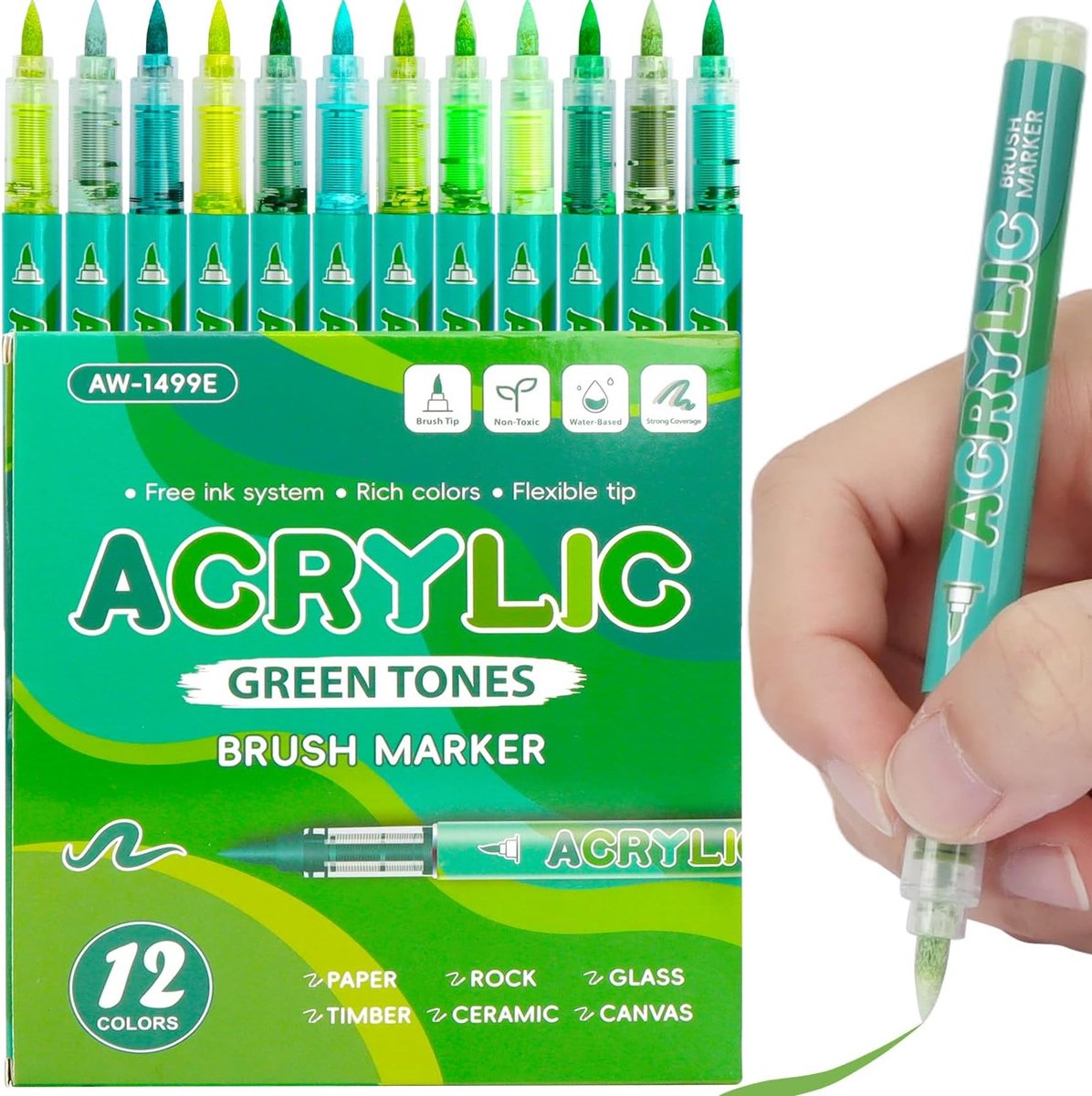 SnelShoppen - 12 Acrylaat Stiften voor Bakstenen, Waterdichte Acryl Marker Set met Kleurverloop, Flexibele Tip voor Schilderen van Steen, DIY Kunst op