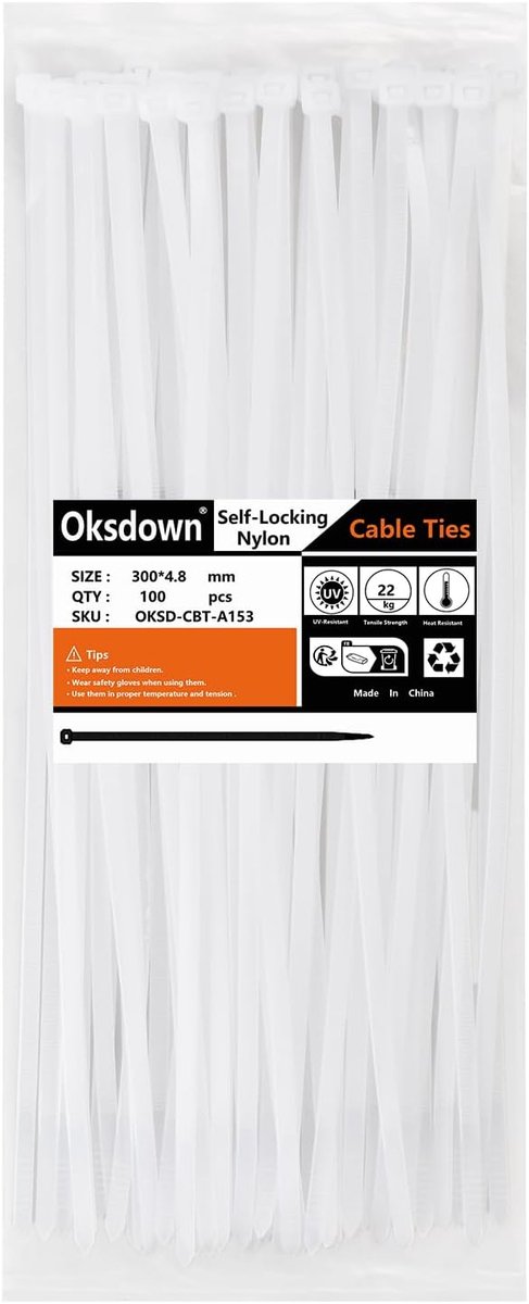 SnelShoppen - 100 Stuks Witte Plastic Kabelbinders 300mm x 4.8mm Sterke Nylon Heavy Duty Zelfvergrendeling voor Kabelmanagement, Tuin, Klussen en Even
