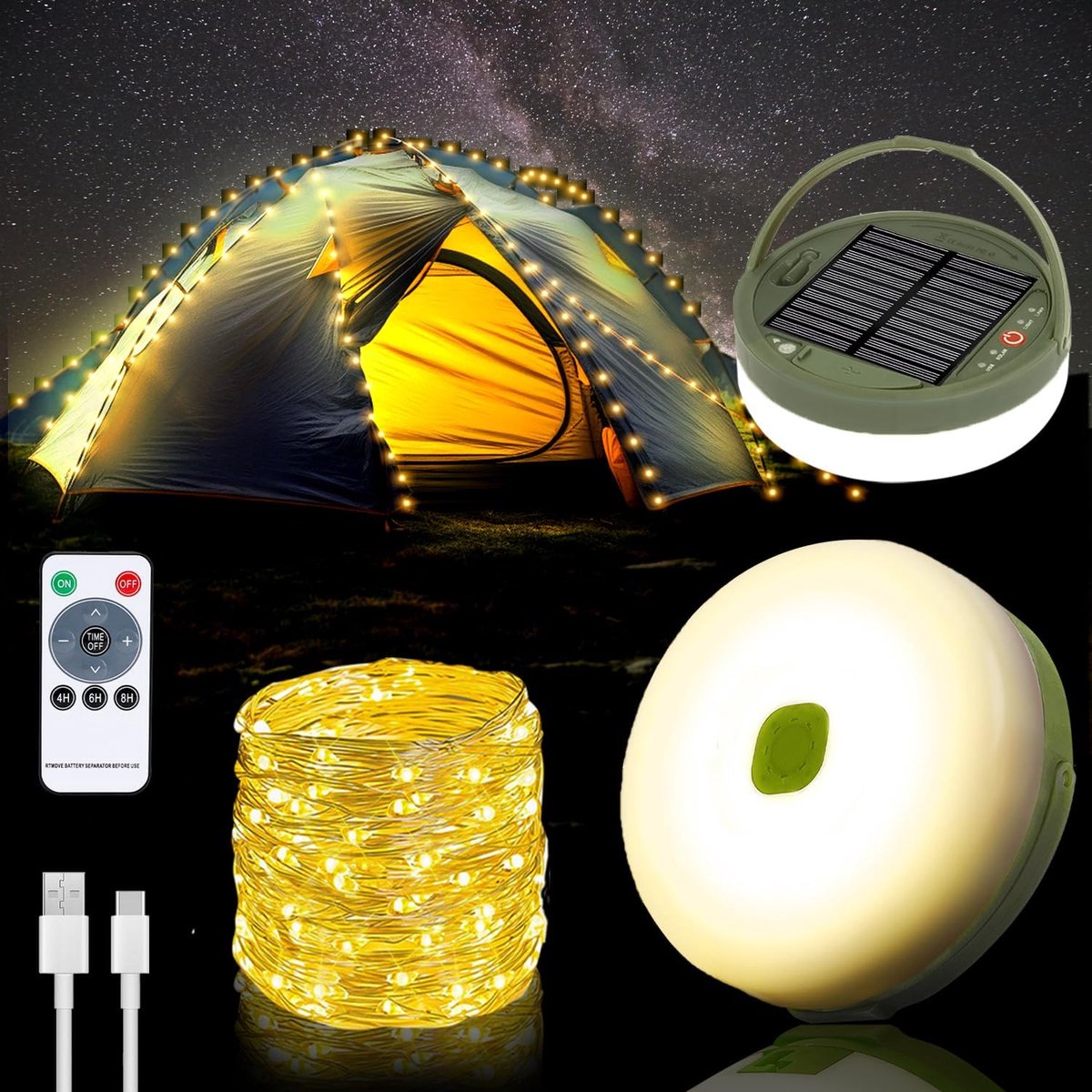 SnelShoppen - 10 m Solar Camping Fairy Lights - Oplaadbare LED Sfeerverlichting voor Buiten - Waterproof en Draagbaar voor Tuin, Camping en Avonden -