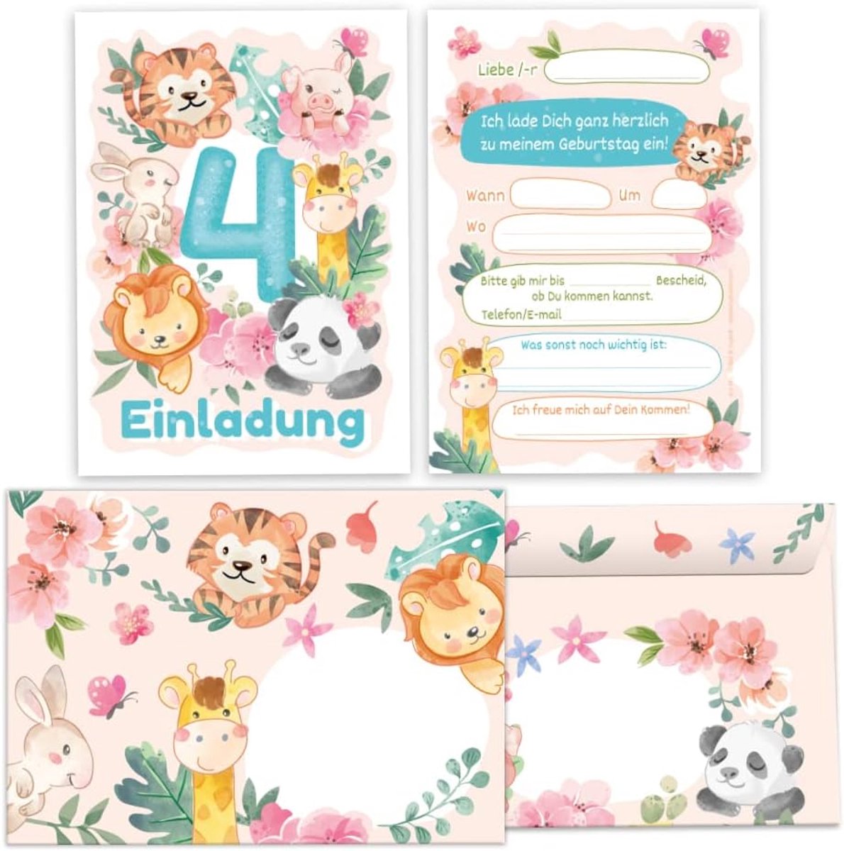 SnelShoppen - 12 Uitnodigingskaarten + Enveloppen voor 4e Verjaardag Kinderen - Panda, Leeuw, Tijger - Feest, Dieren, Jongens, Meisjes - 10.5x14.8 cm