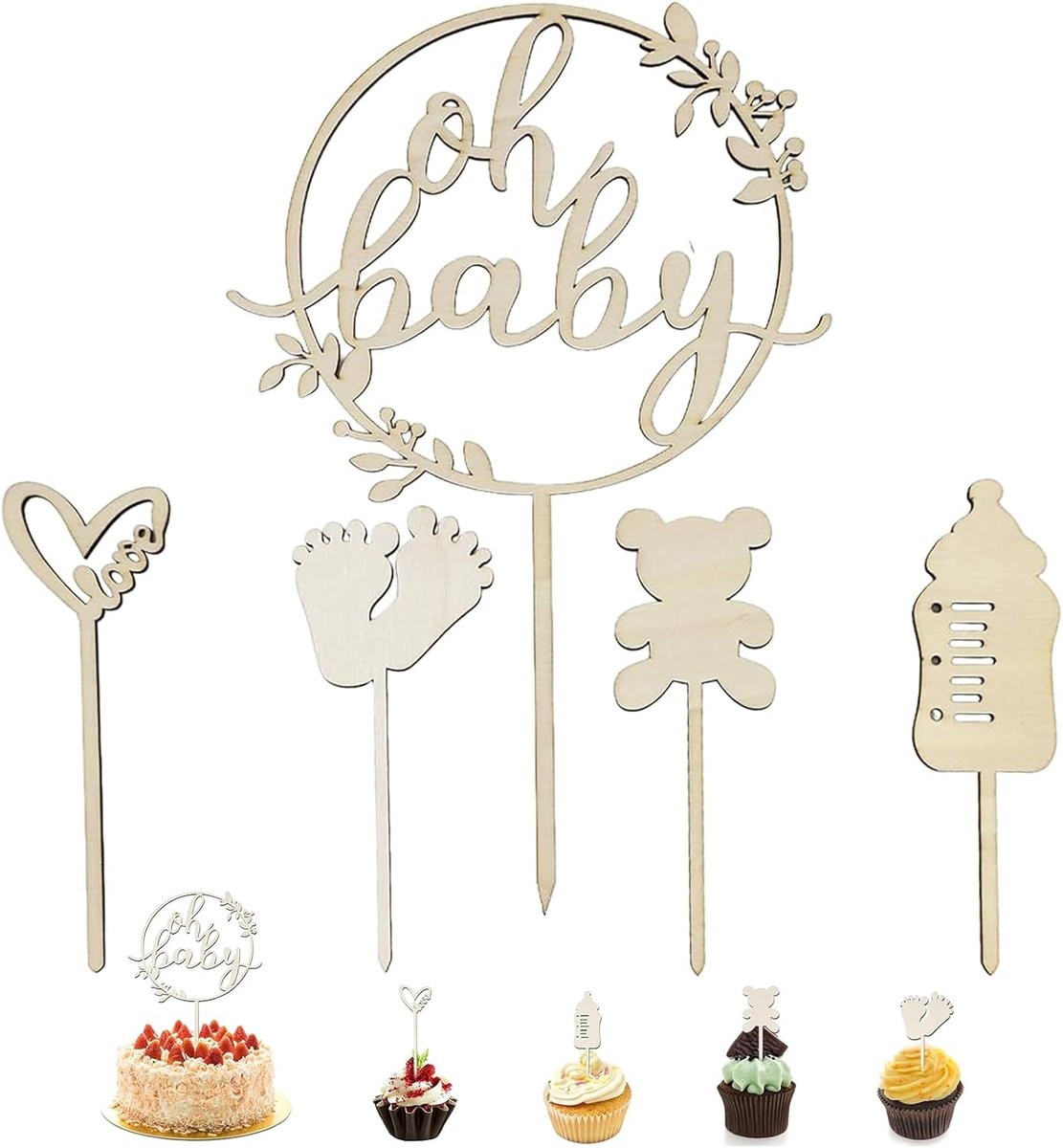 SnelShoppen - Cake Topper Wood, Oh Baby Cake Topper voor Gender Reveal & Baby Party, Diaper Cake Decoratie, Cake Picker Baby Shower Versiering, Houten