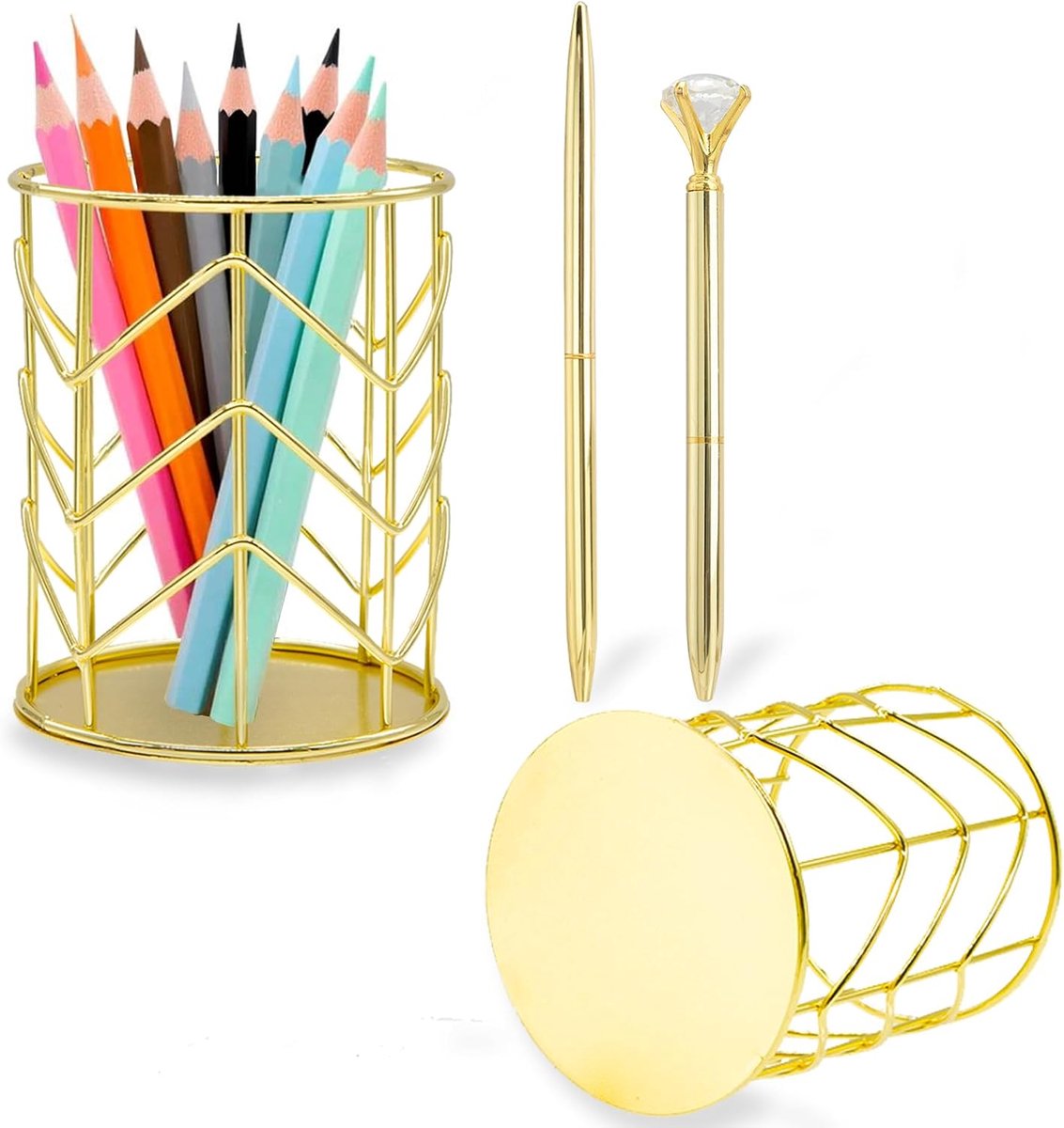 SnelShoppen - 2 Pcs Gold Pen Holders met 2 Pens, Openwork Round Iron Art, Desk Organizer, Makeup Brush Holder, Perfect voor Kantoor, Thuis en School