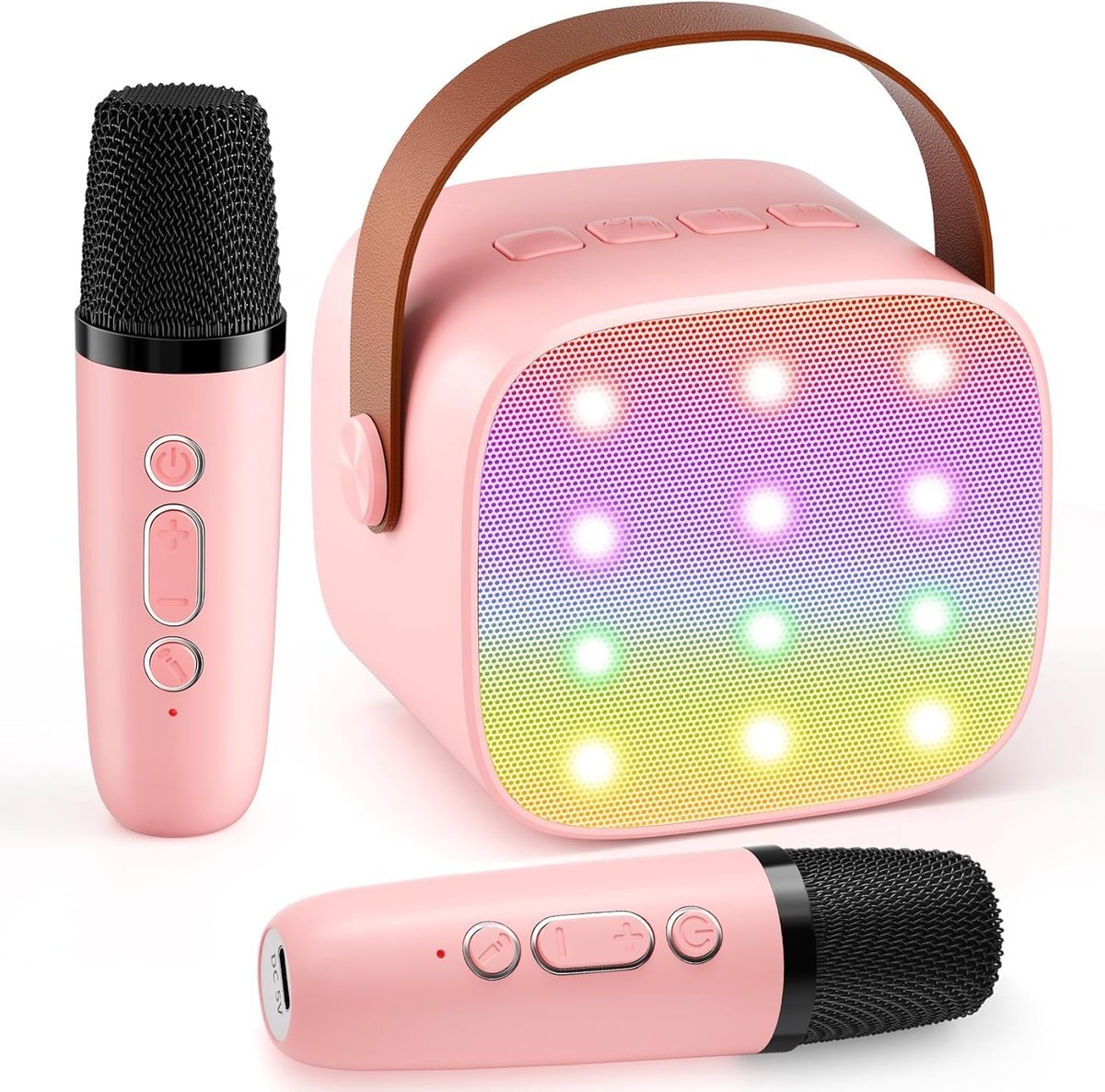 SnelShoppen - Mini-karaoke-machine met 2 draadloze microfoons - Draagbare Bluetooth karaoke voor kinderen en volwassenen - Perfect voor feest, verjaar