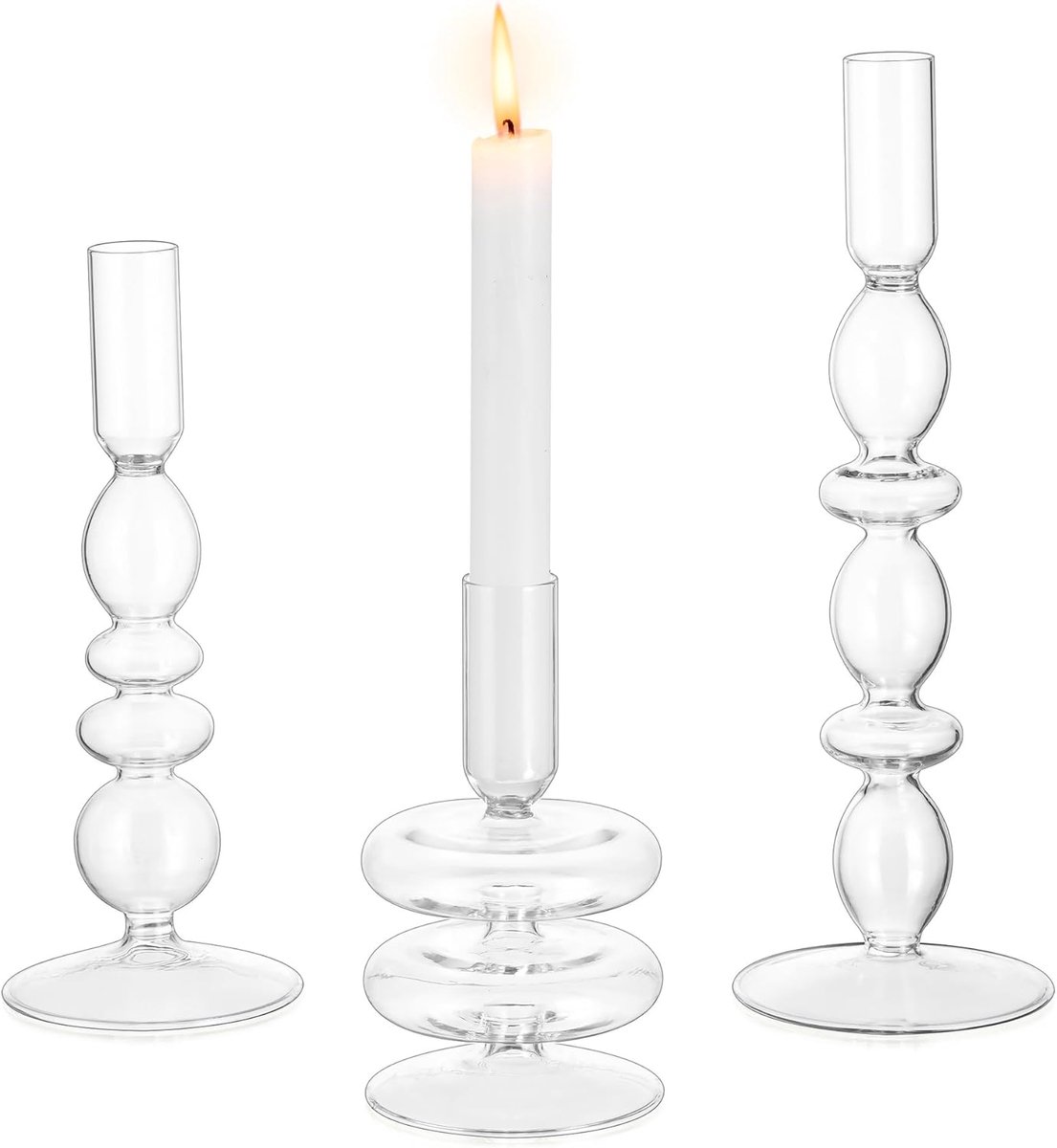 SnelShoppen - Glazen Kaarsenhouders Set van 3 - Chic Decoratieve Taper Kaarsenhouders voor Tafeldecoratie - Kerst en Feestdagen - 14.2cm tot 26.5cm Ho