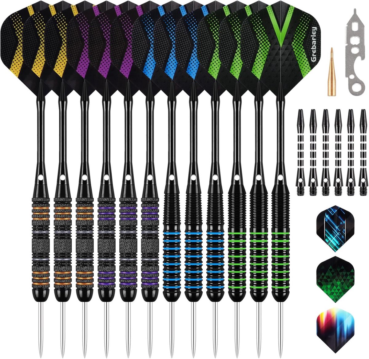 SnelShoppen - Professionele Darts met Metalen Punt, 6 x 20g en 6 x 22g, Steeldarts Set, 18 Aluminium Schachten, 9 Vliegers en 20 O-Ringen voor Feest e