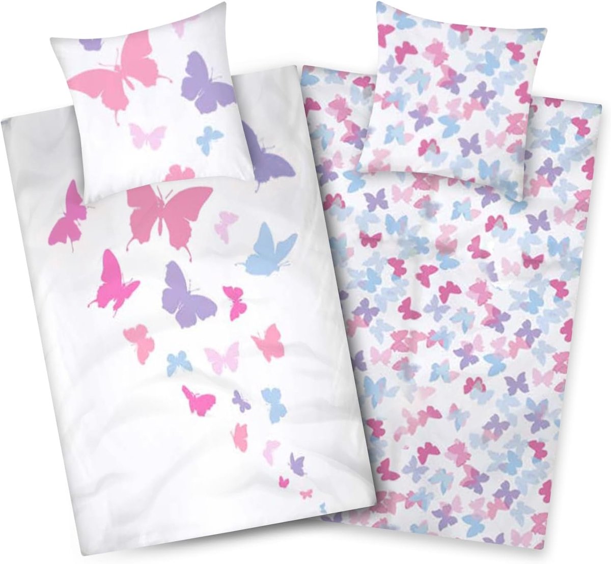 SnelShoppen - Aminata Kids Bedlinnen Vlinders 135x200 cm Meisjes Katoen Witte Paars Omkeerbare Dekbedovertrekset met YKK Rits voor Kinderen