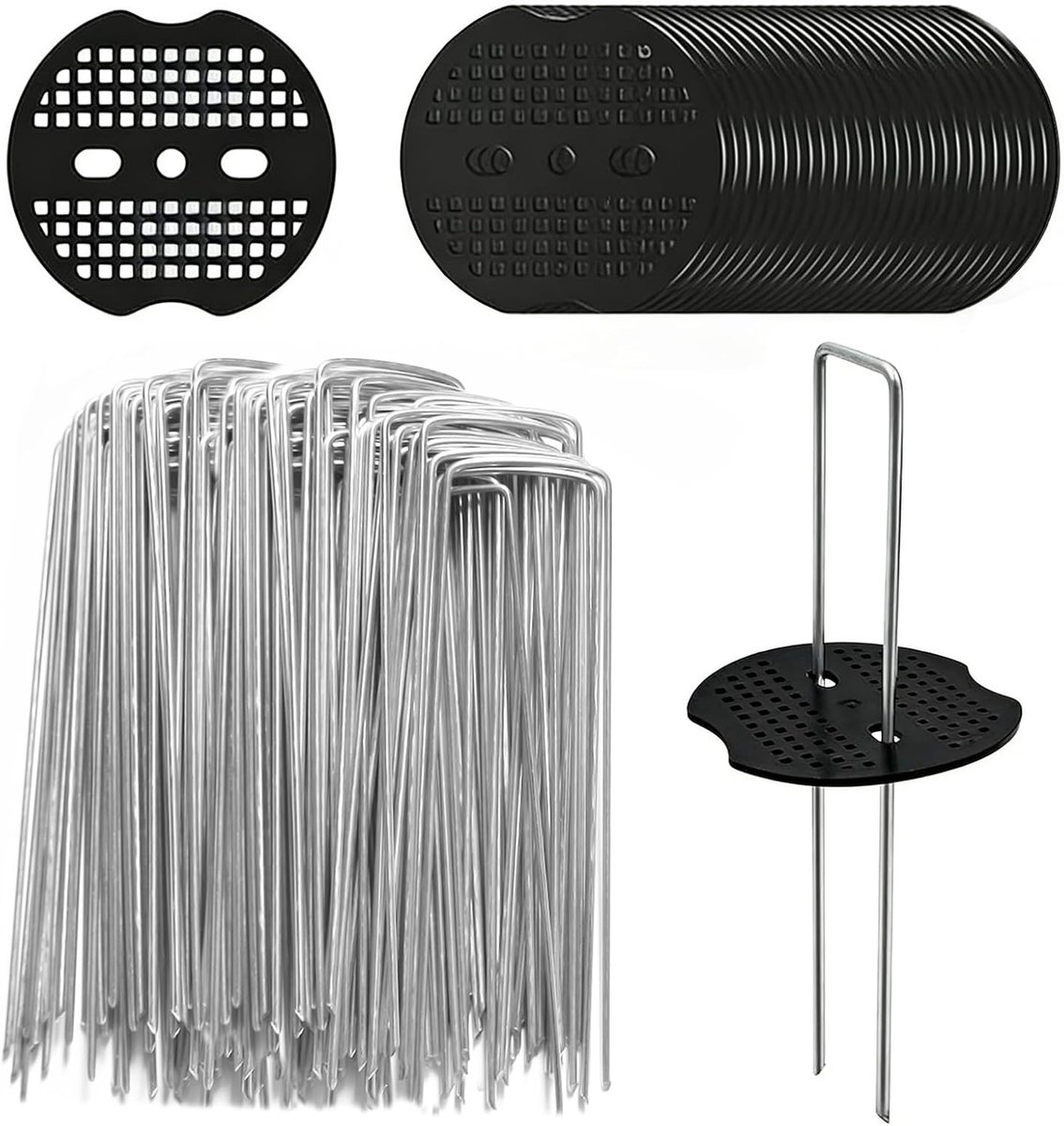 SnelShoppen - 60 stuks onkruiddoek haken, 60 grondankers + 60 bufferdiscs (150 x 40 mm, diameter 2.5 mm), gegalvaniseerde U-vormige tuinpinnen voor mu