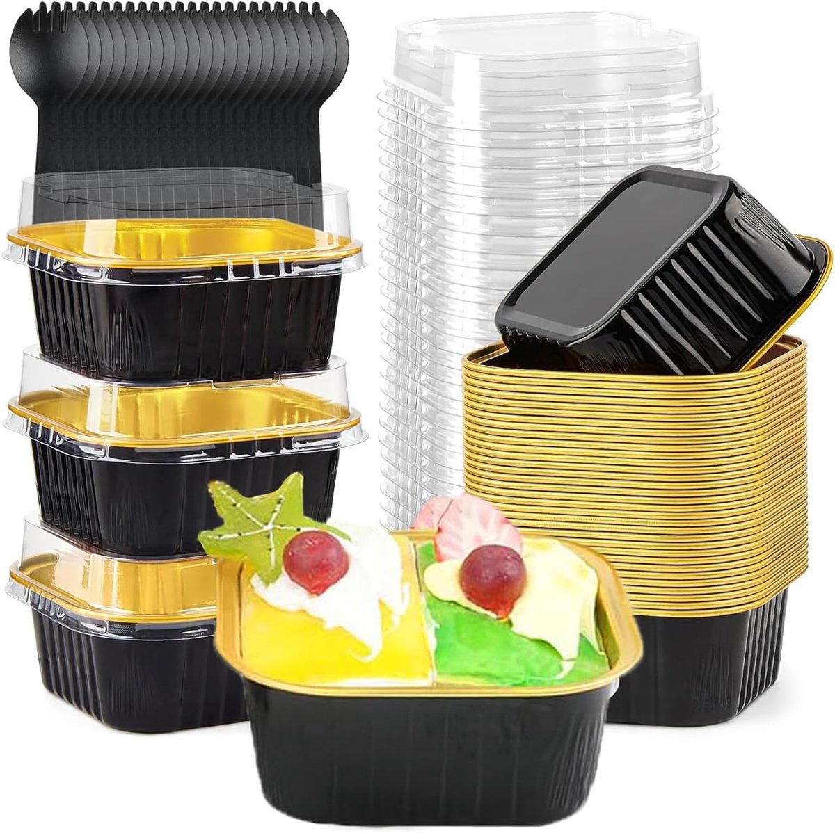 SnelShoppen - Aluminium Foil Souffle Cake Moulds 50 Stuks, 150 ml, Vierkante Mini Cakevormen met Deksels en Lepels, Ideaal voor Taarten, Desserts, Fee