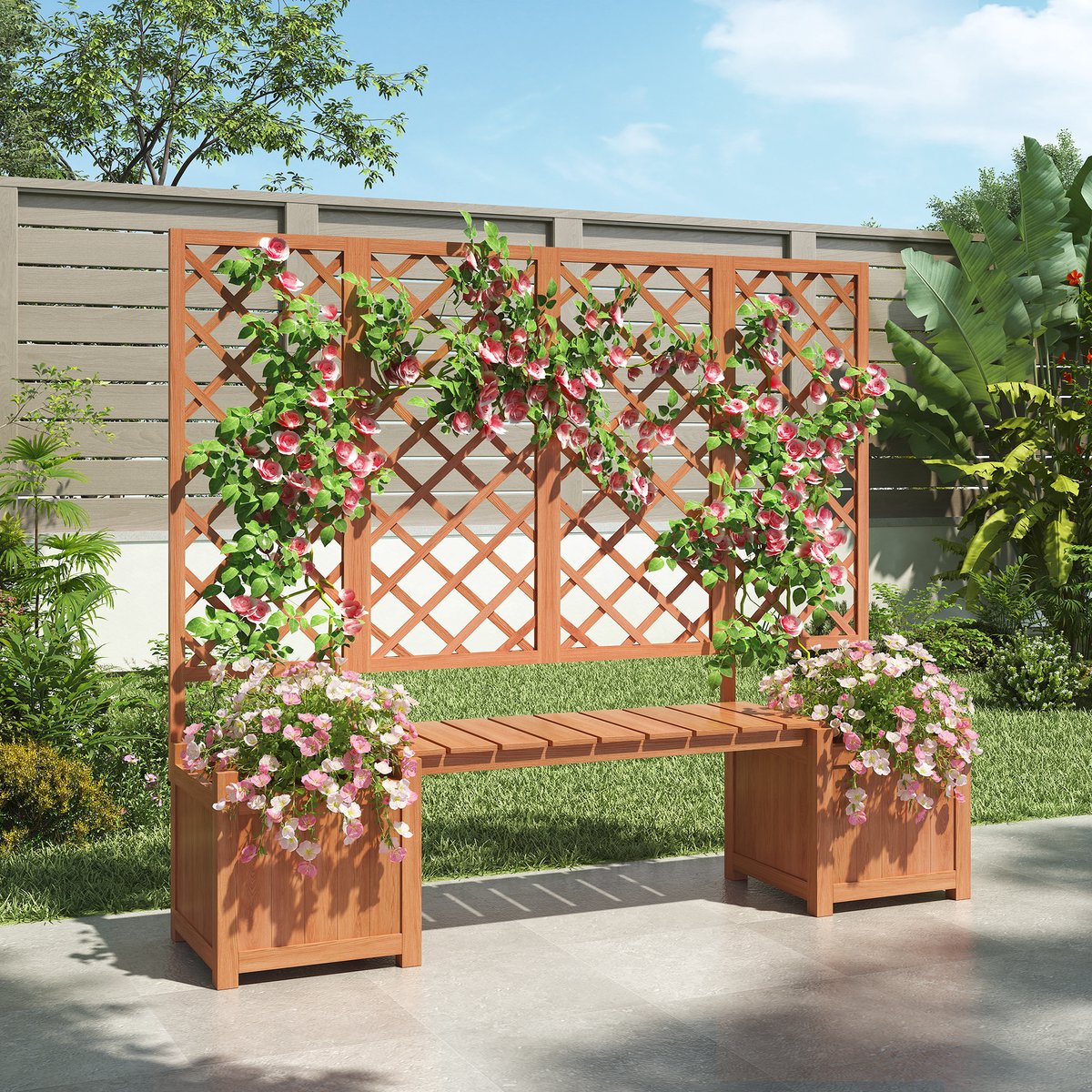 FloraGrace Plantenbak - Met Spalier En Zitbank - 169 x 145 x 42 cm - Massief Sparrenhout - Donkerbruin - Voor Tuin Terras En Balkon