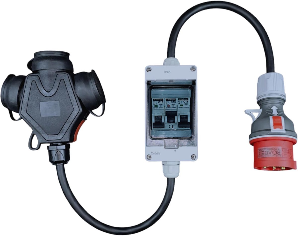 SnelShoppen - Draagbare krachtadapter met 32A CEE stekker, 380V naar 220V, 3x Schuko, 1m rubberen verlengkabel met 3x C16A stroomonderbreker voor camp